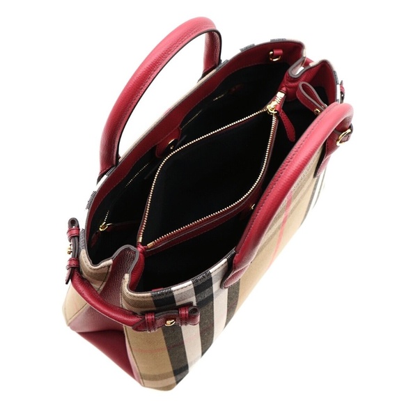 Burberry Banner Medium Tote Shoulder Bag Check Canvas Red New - Picture 5 of 9